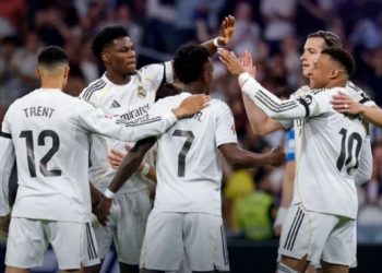 Pemain Real Madrid, Vinicius Junior merayakan gol liga Spanyol 2025/26