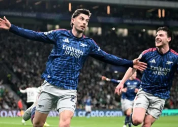 Penyerang Arsenal Kai Havertz (kiri) usai mencetak gol ke gawang Sporting CP pada leg pertama perempat final Liga Champions di Stadion Jose Alvalade, Lisbon, Selasa (7/4/2026. (uefa.com)
